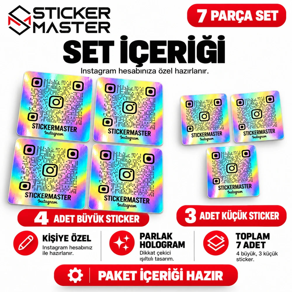 Hologram QR Instagram Sticker - 4 büyük ve 3 küçük 7 parça paket içeriği