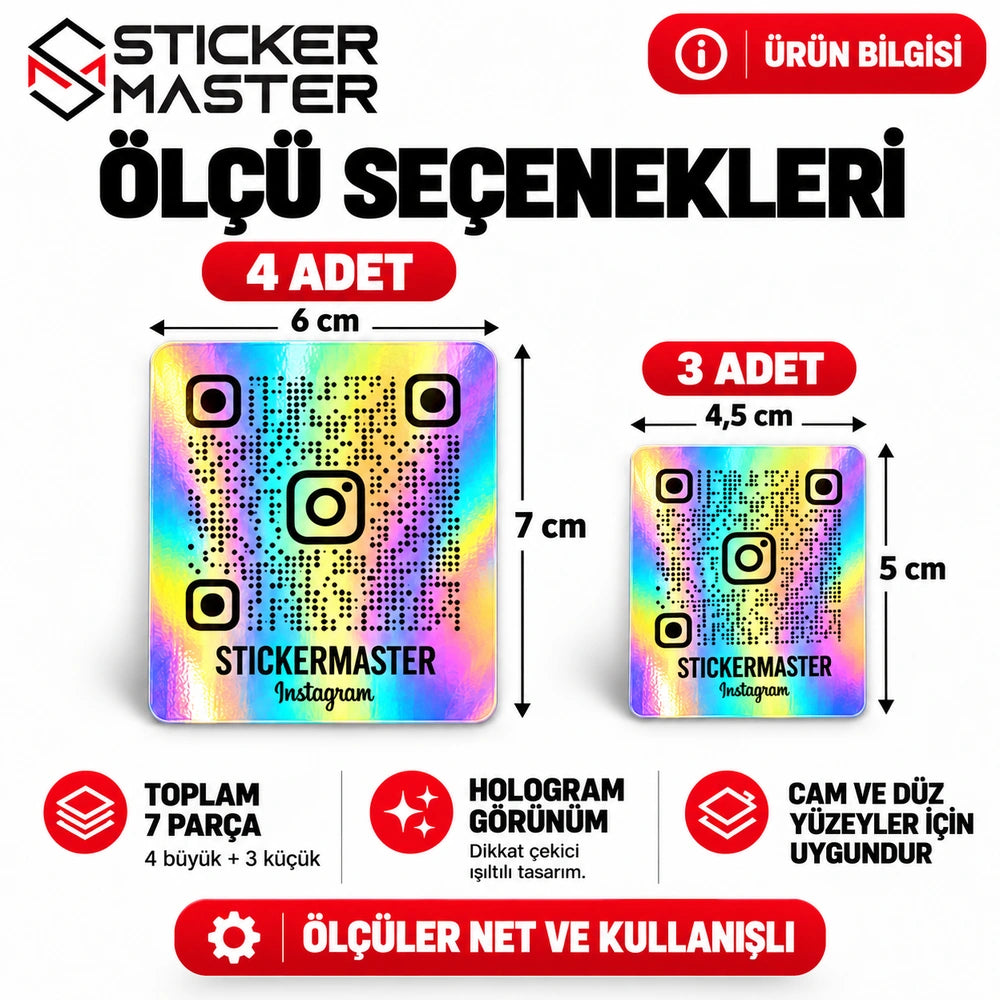 Hologram QR Instagram Sticker - büyük 6×7 cm küçük 4,5×5 cm ölçüler