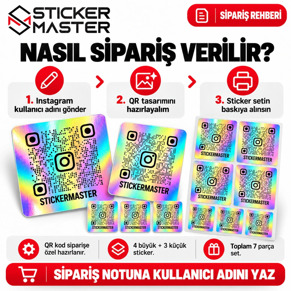 Hologram QR Instagram Sticker Seti - kullanıcı adı bildirimi ve sipariş rehberi