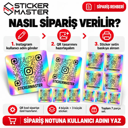 Hologram QR Instagram Sticker Seti - kullanıcı adı bildirimi ve sipariş rehberi