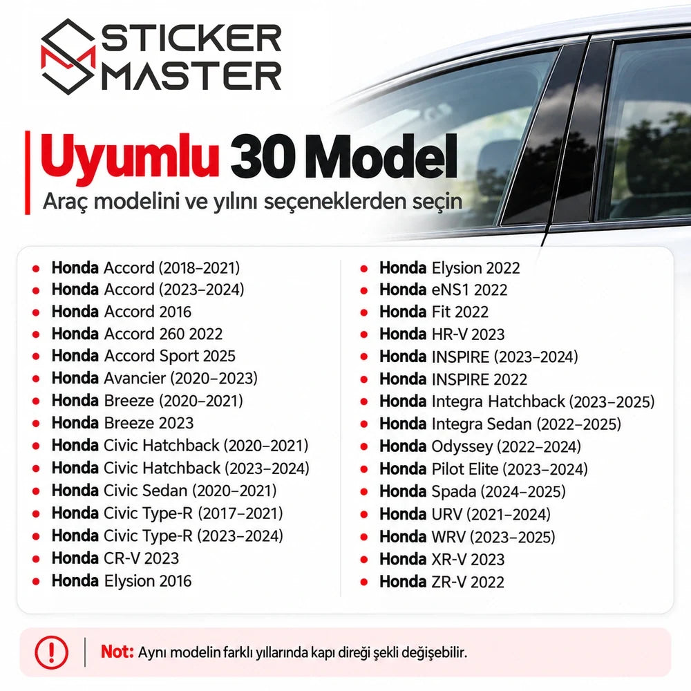 Honda kapı direği sticker Accord Civic CR-V ve 30 araç modeline uyum