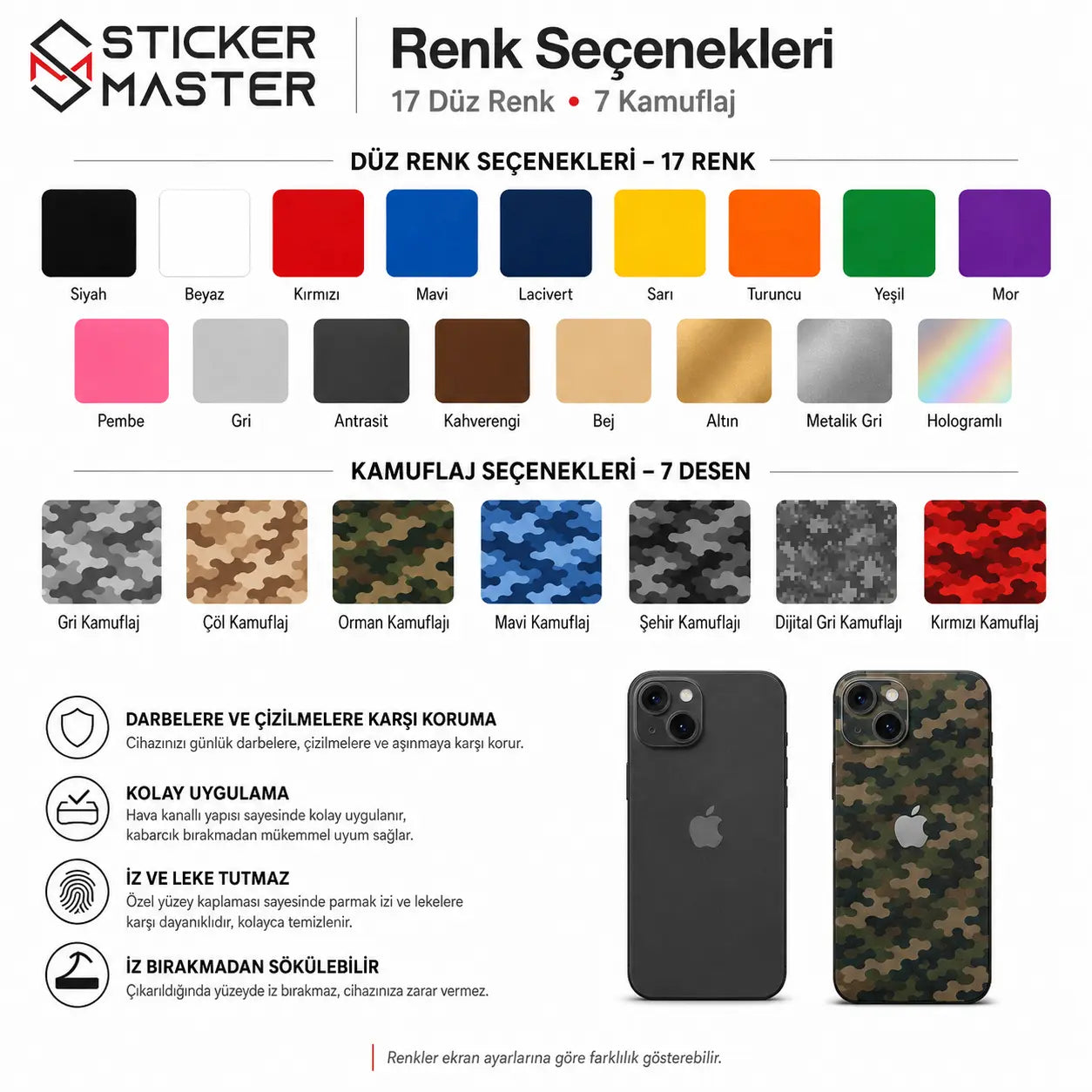 iPhone 15 Plus Uyumlu Telefon Sticker Seti Renkler