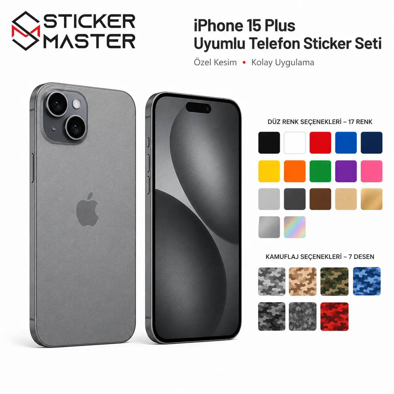 iPhone 15 Plus Uyumlu Telefon Sticker Seti detaylar ve renkler