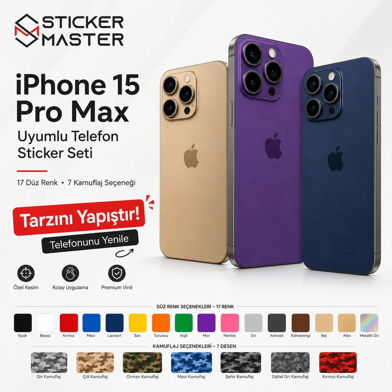 iPhone 15 Pro Max Uyumlu Telefon Sticker Seti renkler ve detaylar ads