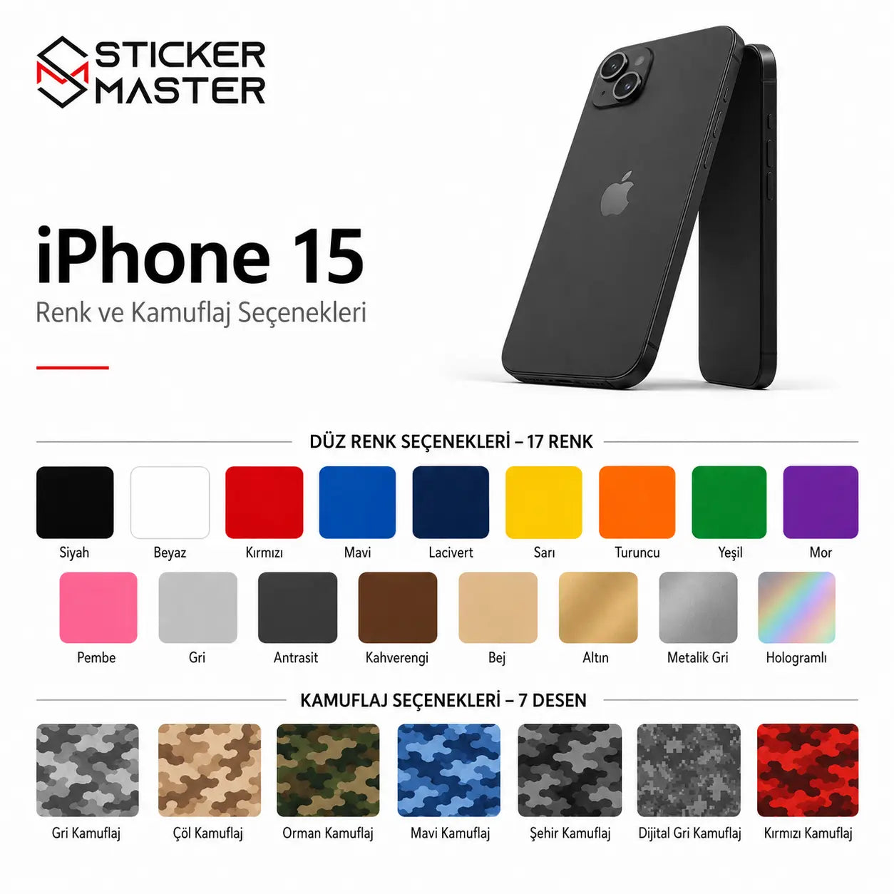 iPhone 15 Uyumlu Telefon Sticker Seti renkler ve detaylar