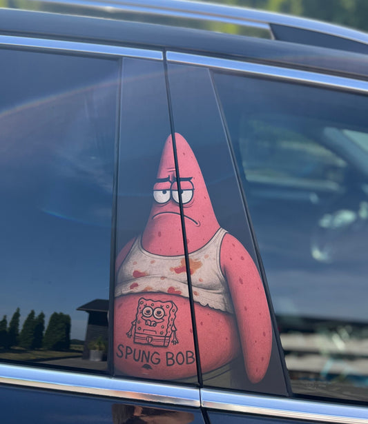 Sticker Master Tough Patrick “Spung Bob” Sticker – Araç Kapı Direk Kaplama – 2 Adet 50 × 25 cm (19.7" × 9.8") | Dijital Baskı Vinil Folyo Sticker | Universal Otomobil Kapı Sütunu Wrap