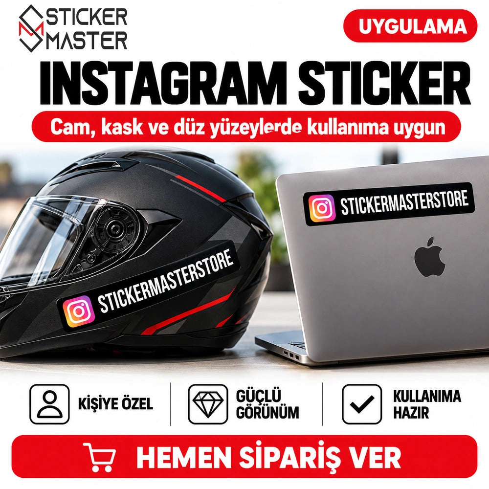 Instagram kullanıcı adı sticker 6 parça set – kask ve laptop uygulama örneği