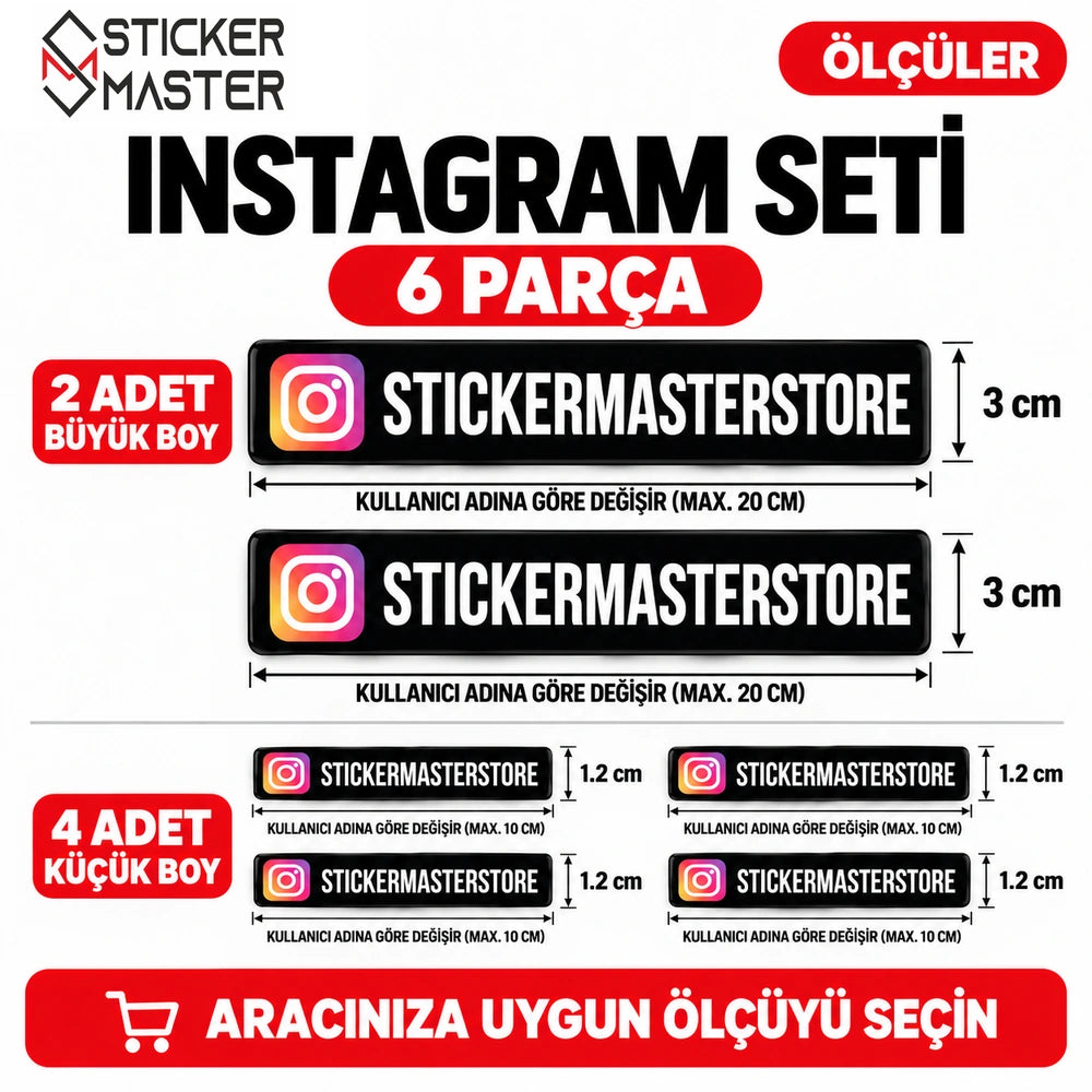 Instagram 6 parça kullanıcı adı sticker seti - 2 büyük 3 cm yüksek max 20 cm, 4 küçük 1,2 cm max 10 cm