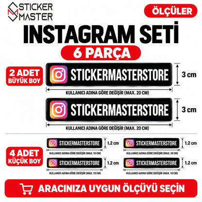 Instagram 6 parça kullanıcı adı sticker seti - 2 büyük 3 cm yüksek max 20 cm, 4 küçük 1,2 cm max 10 cm
