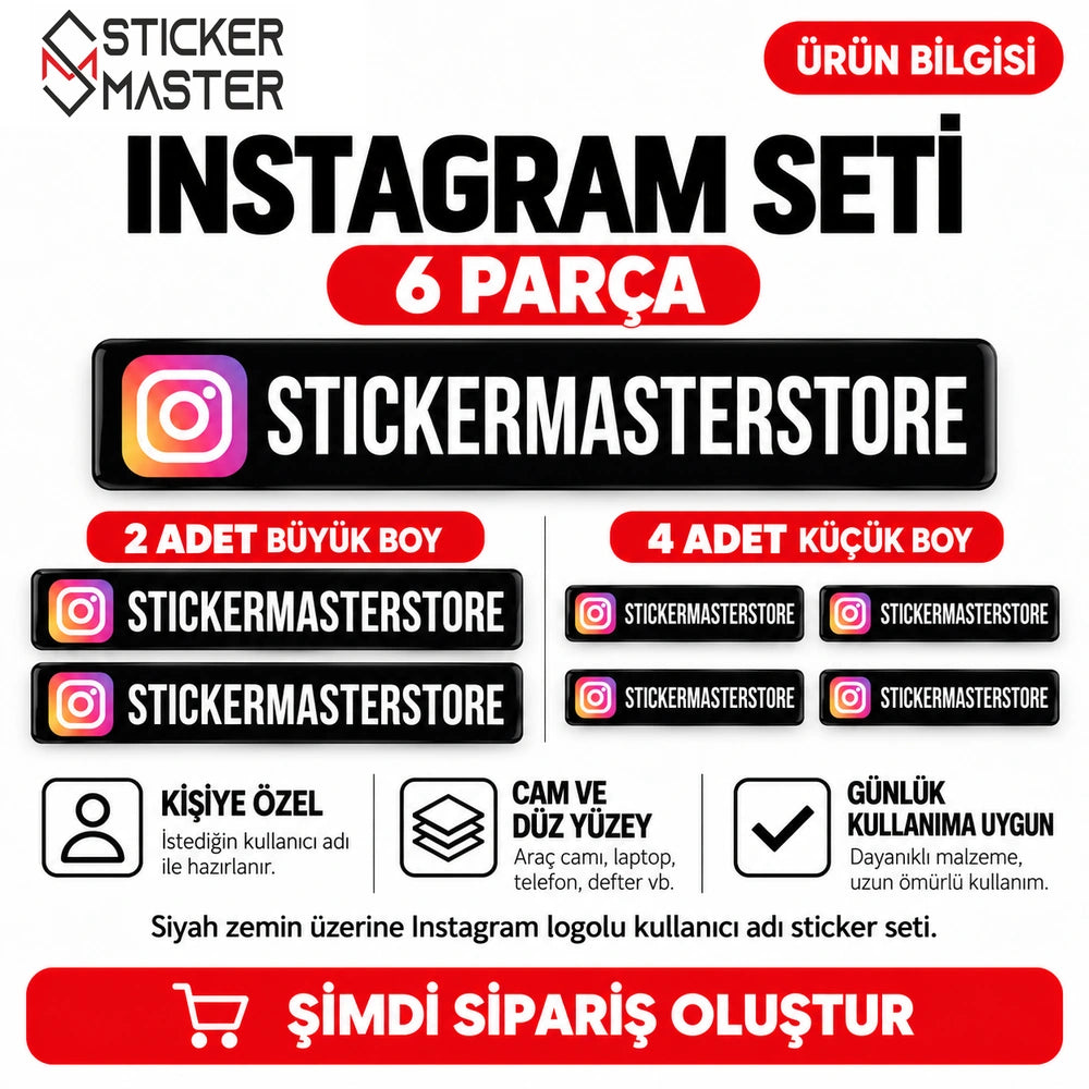 Instagram sticker 6 parça - siyah zemin renkli Instagram ikonlu set içeriği