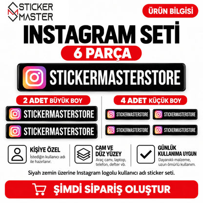 Instagram sticker 6 parça - siyah zemin renkli Instagram ikonlu set içeriği