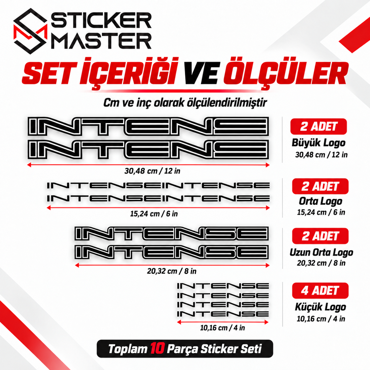 Intense bisiklet sticker set içeriği ve cm inç ölçüler