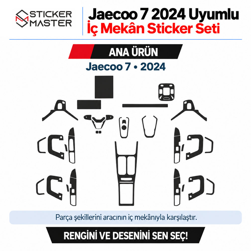 Jaecoo 7 2024 iç mekân sticker seti panel, direksiyon kumanda, orta konsol ve dört kapı çevresi parça şeması