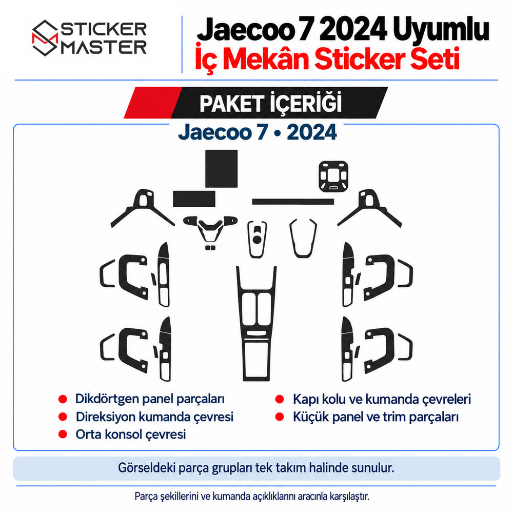 Jaecoo 7 2024 iç mekân sticker setinin panel, kumanda, konsol ve kapı kolu çevresi parça gruplarıyla açıklanmış paket içeriği