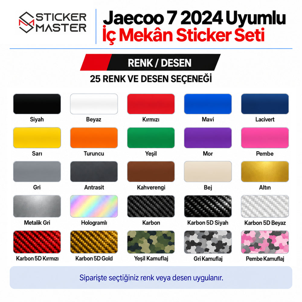 Jaecoo 7 2024 iç mekân sticker seti için 25 renk ve desen seçeneği