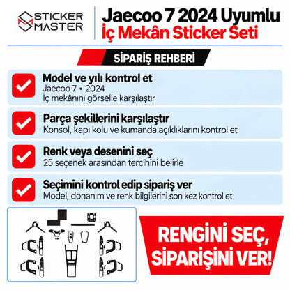 Jaecoo 7 2024 iç mekân sticker seti model, parça şekli ve renk seçimi içeren numarasız sipariş rehberi