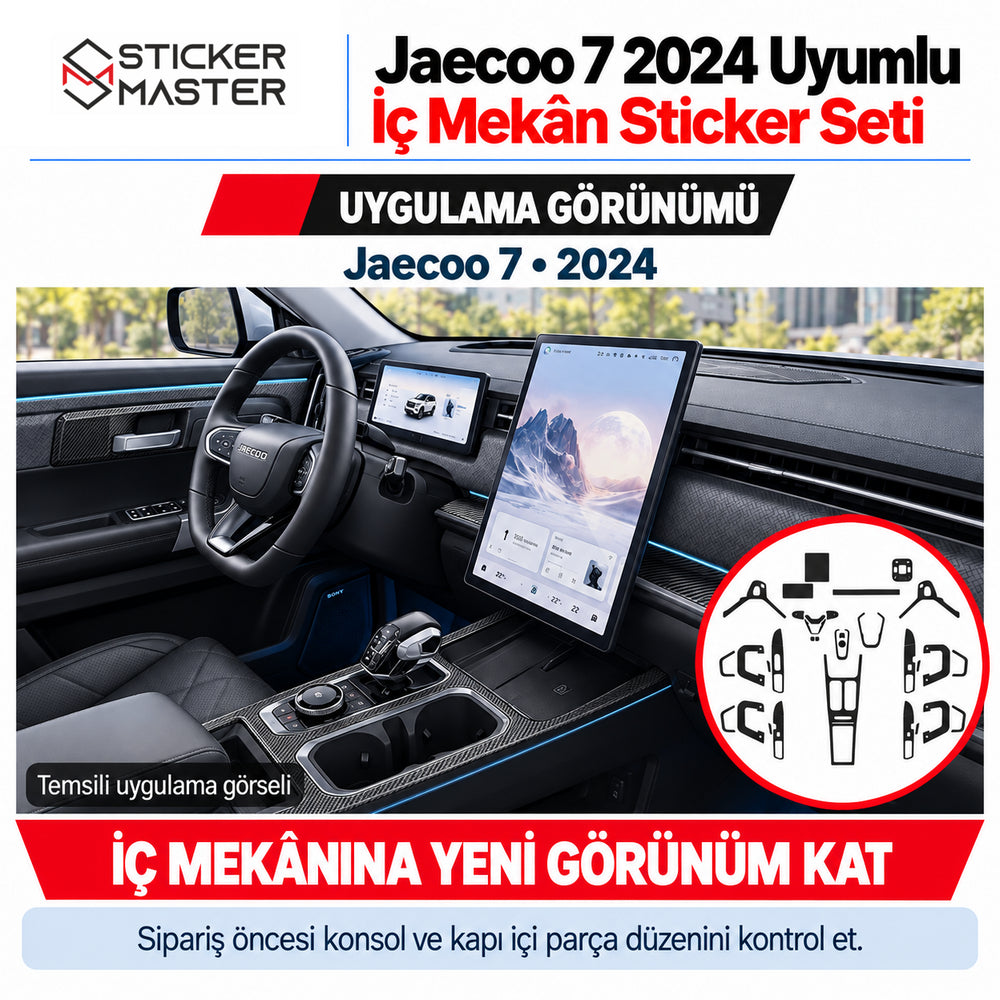 Jaecoo 7 2024 orta konsol ve kapı içi sert trim çevrelerinde karbon desenli temsili sticker uygulaması