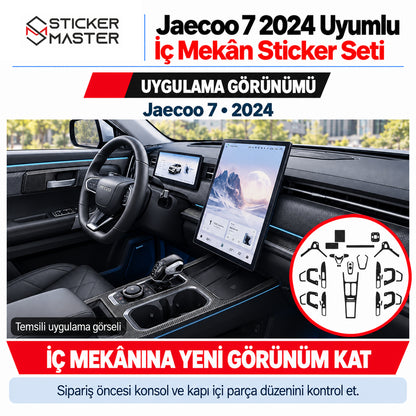 Jaecoo 7 2024 orta konsol ve kapı içi sert trim çevrelerinde karbon desenli temsili sticker uygulaması