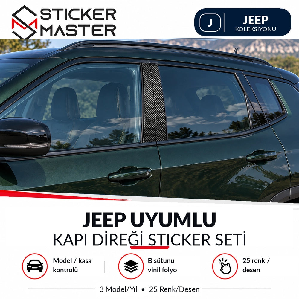 Jeep kapı direği sticker seti ana ürün – dış B sütununda karbon desenli temsili uygulama