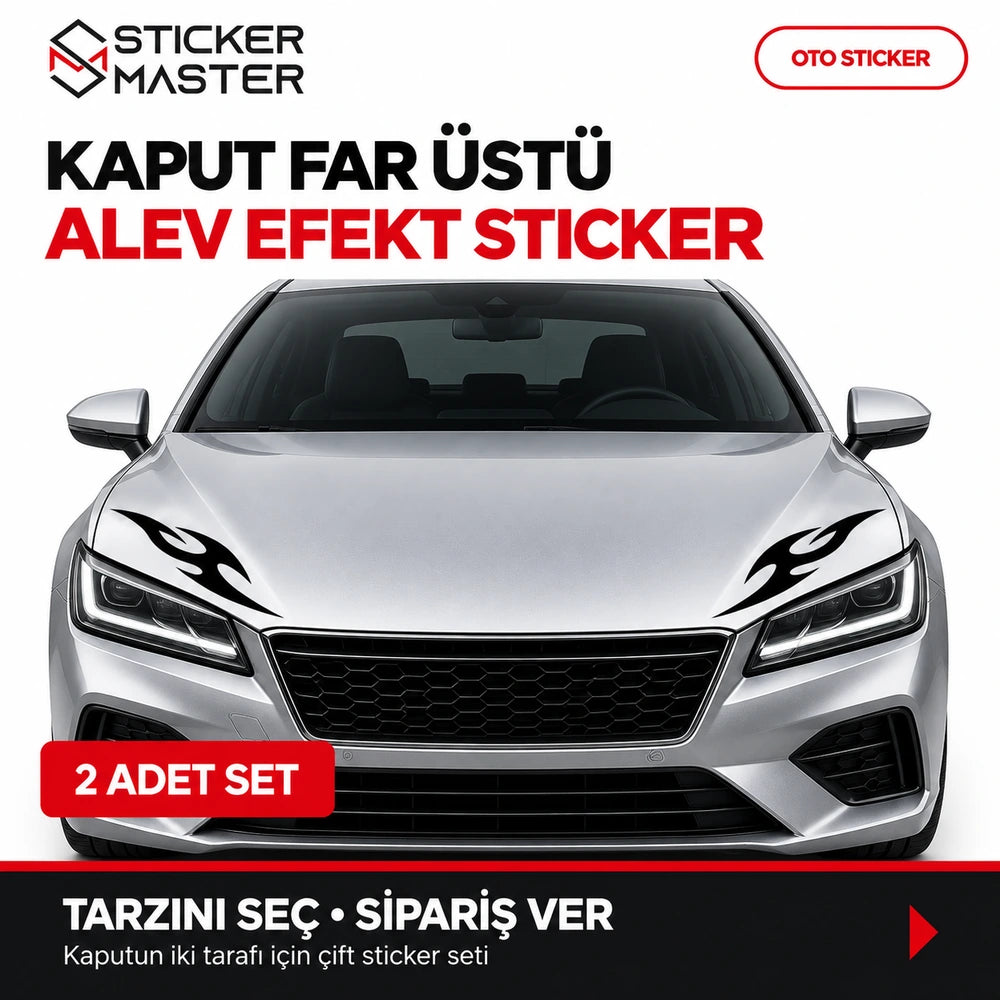 2 Adet Kaput Far Üstü Alev Efekt Sticker – gümüş araç üzerinde sağ sol uygulama ana görseli