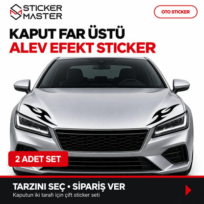 2 Adet Kaput Far Üstü Alev Efekt Sticker – gümüş araç üzerinde sağ sol uygulama ana görseli