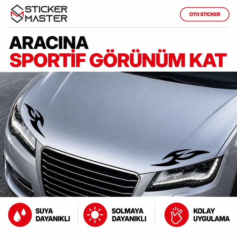 Kaput far üstü alev sticker – araç kaputunda sportif görünüm ve uygulama örneği