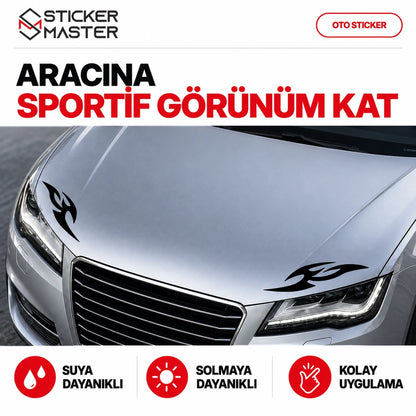 Kaput far üstü alev sticker – araç kaputunda sportif görünüm ve uygulama örneği