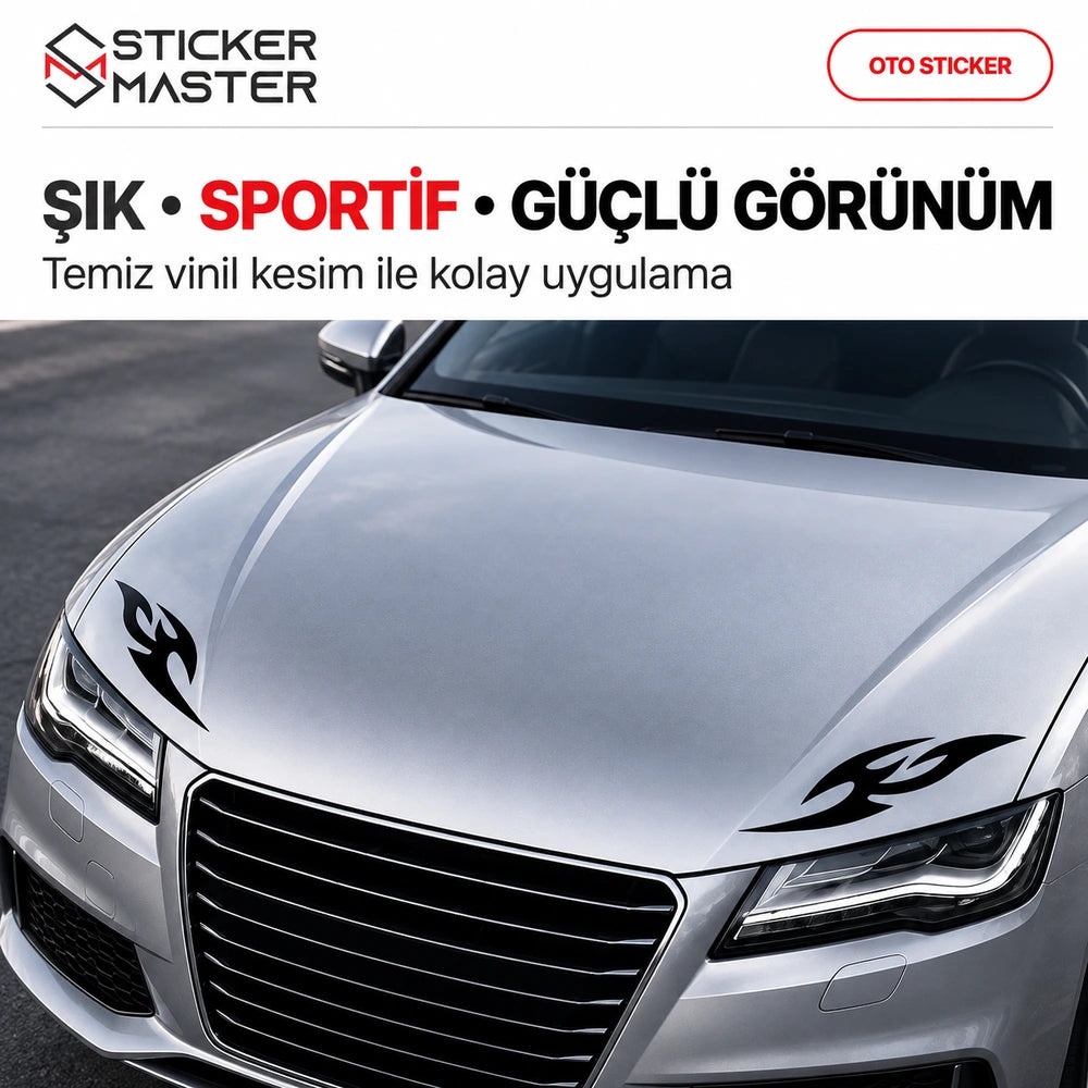 Kaput far üstü alev efekt oto sticker – araç üzerinde yakın plan sağ ve sol yerleşim