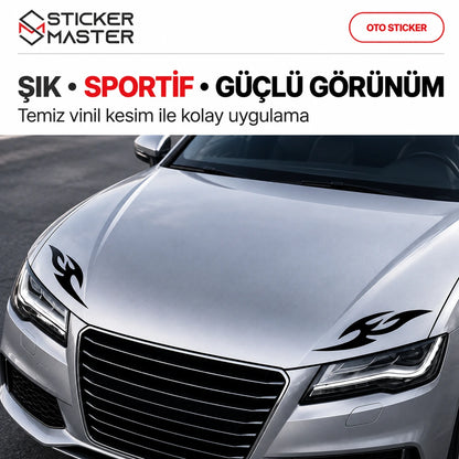 Kaput far üstü alev efekt oto sticker – araç üzerinde yakın plan sağ ve sol yerleşim