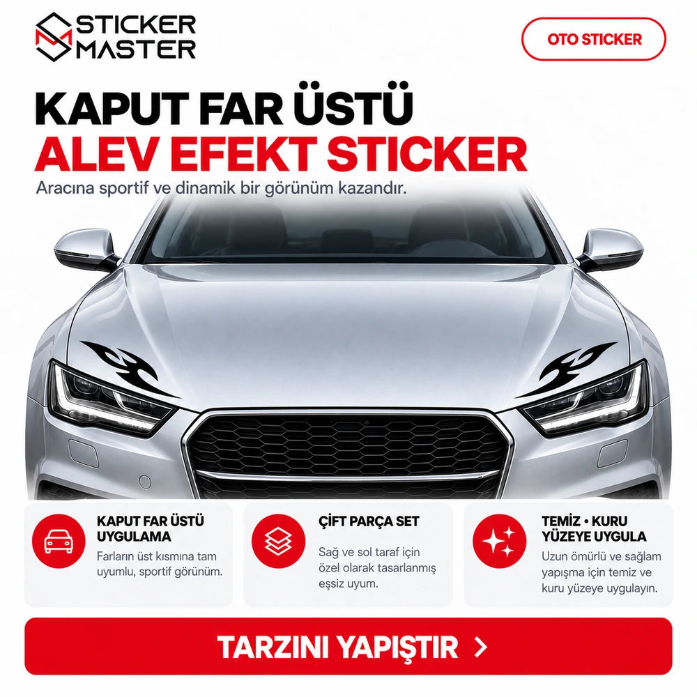 2 adet kaput far üstü alev efekt sticker – marka logosuz gümüş araç uygulaması