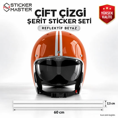 Kask uyumlu çift çizgi reflektif beyaz şerit sticker seti turuncu kask üzerinde ana görsel