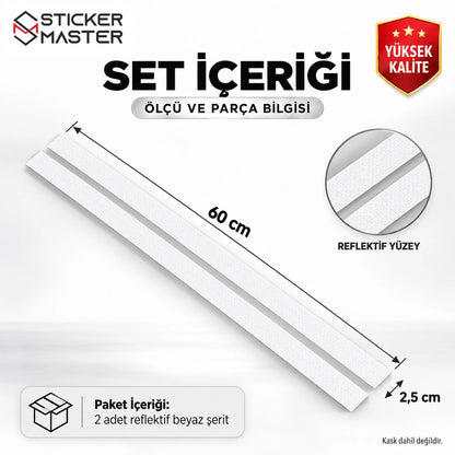 Reflektif beyaz kask şerit sticker seti 60 cm uzunluk 2,5 cm toplam uygulama genişliği