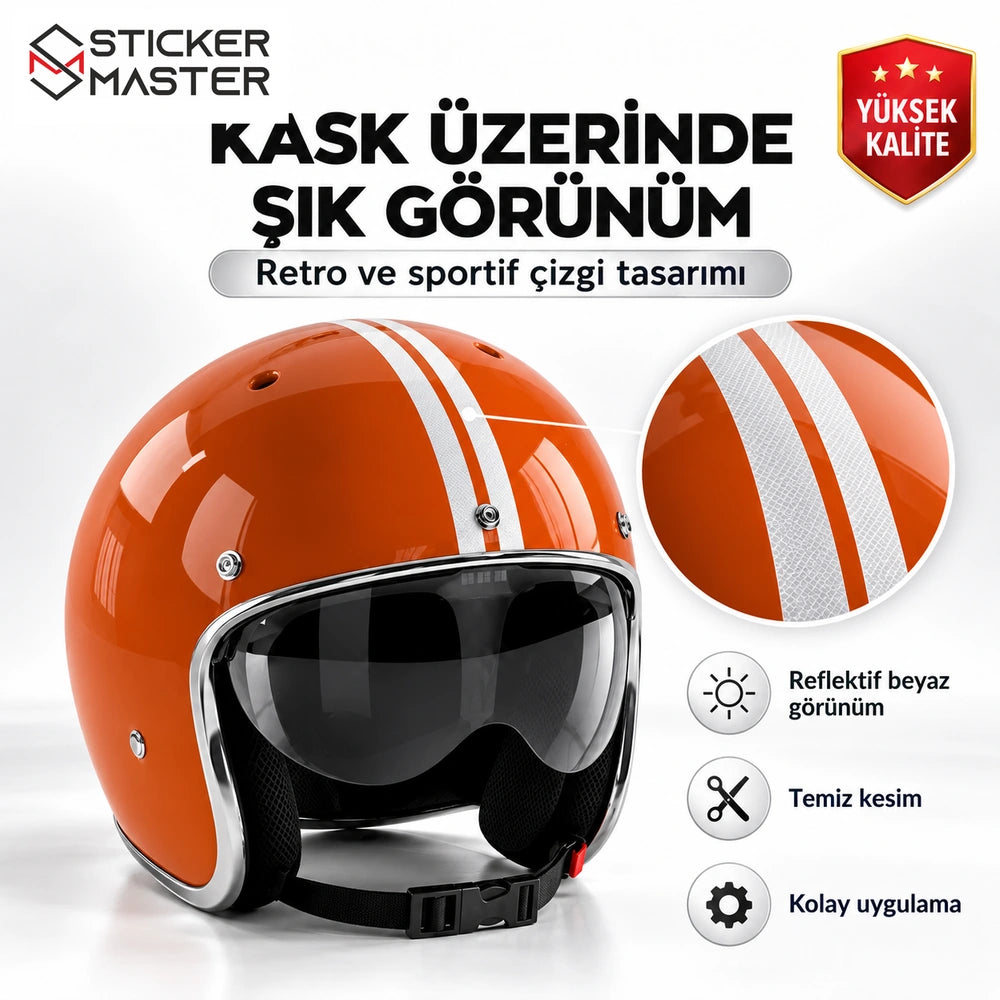 Kask üzerinde çift beyaz reflektif şerit sticker retro yarış çizgi uygulaması
