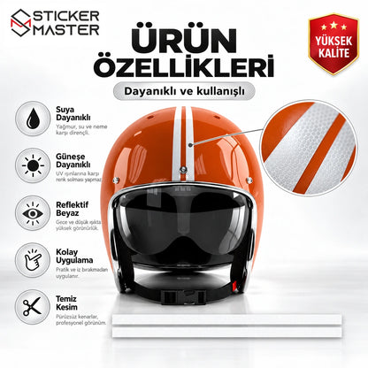 Reflektif çift beyaz kask şeridi vinil sticker malzeme ve suya dayanıklılık özellikleri