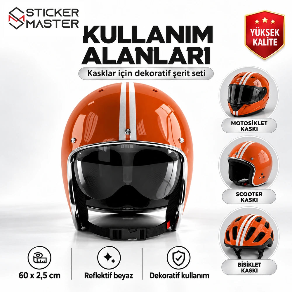 Çift beyaz kask sticker seti motor scooter bisiklet kaskında örnek uygulama