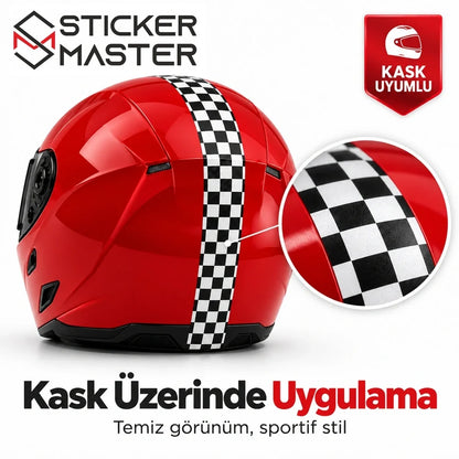 Siyah beyaz damalı kask sticker kırmızı kask uygulama görünümü