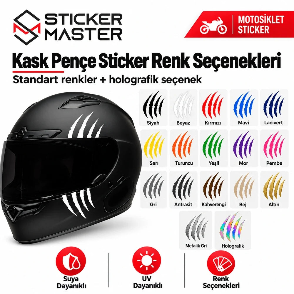 Kask Pençe Sticker Seti 17 standart renk seçeneği: Siyah, Beyaz, Kırmızı, Mavi, Lacivert, Sarı, Turuncu, Yeşil, Mor, Pembe, Gri, Antrasit, Kahverengi, Bej, Altın, Metalik Gri ve Holografik