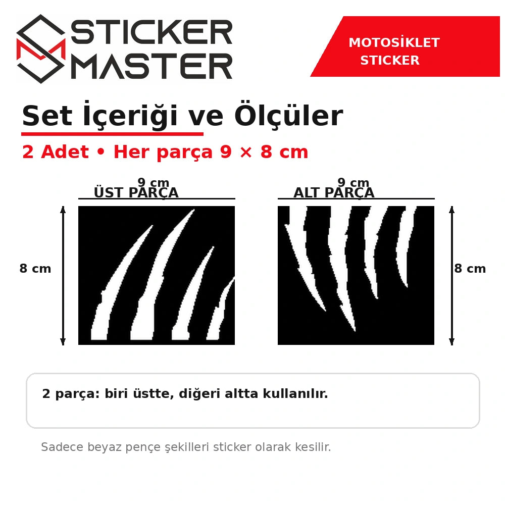 Kask pençe sticker set içeriği üst ve alt beyaz pençe 9×8 cm ölçüler