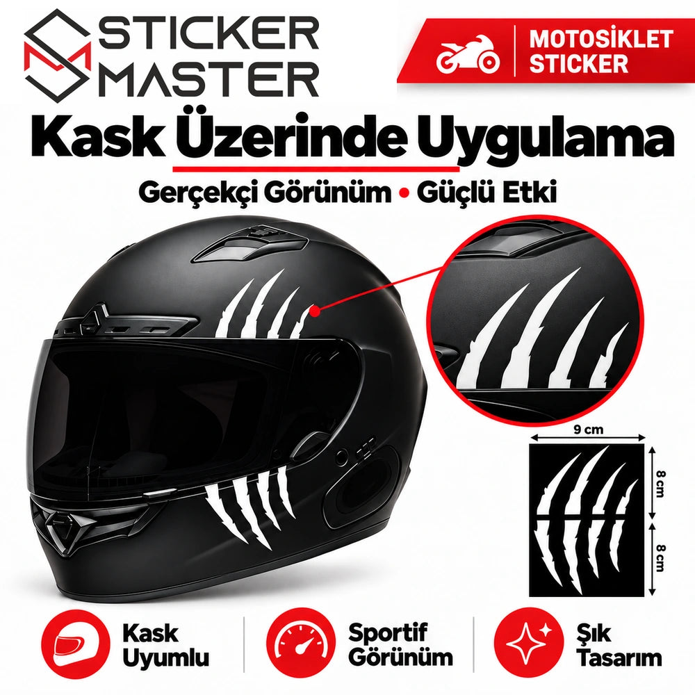 Beyaz pençe sticker siyah motosiklet kaskında üst ve alt bölüm uygulama görünümü