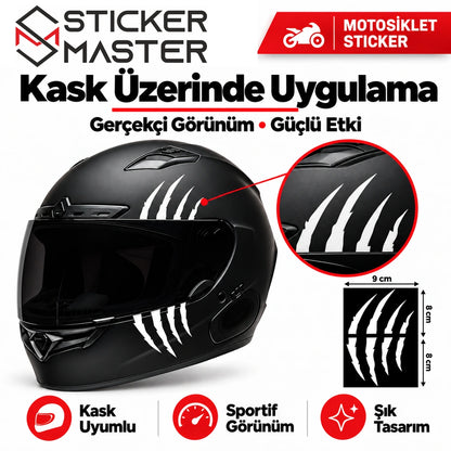 Beyaz pençe sticker siyah motosiklet kaskında üst ve alt bölüm uygulama görünümü