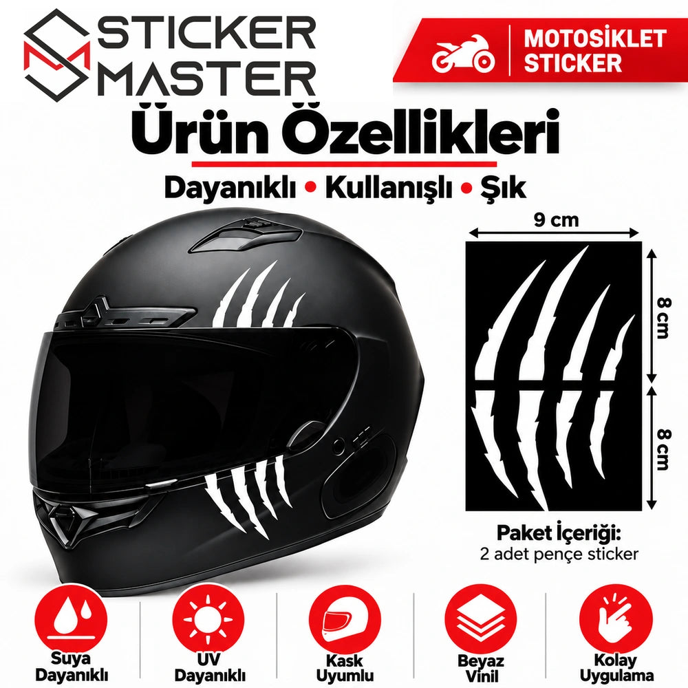 Motosiklet kask pençe sticker 2 adet beyaz, suya UV dayanıklı vinil özellikleri