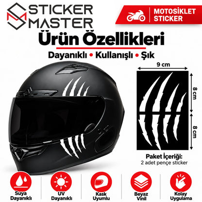 Motosiklet kask pençe sticker 2 adet beyaz, suya UV dayanıklı vinil özellikleri