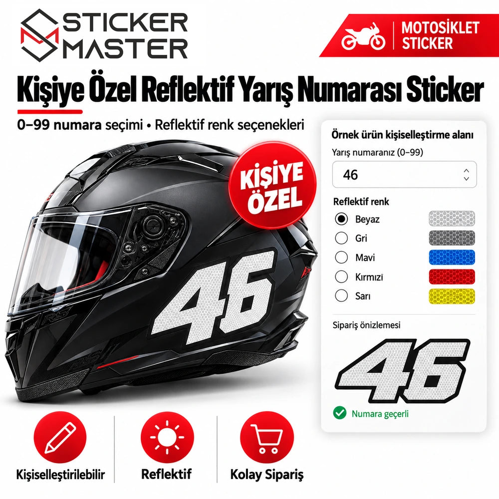 Kişiye özel reflektif kask yarış numarası sticker 0-99 numara ve 5 renk, ürün ana görseli