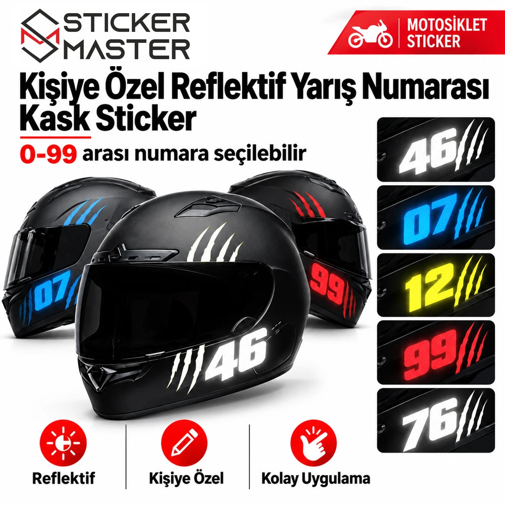 Kişiye özel motosiklet kask reflektif numara sticker farklı numara örnekleri 07 46 99