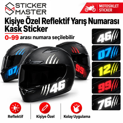 Kişiye özel motosiklet kask reflektif numara sticker farklı numara örnekleri 07 46 99
