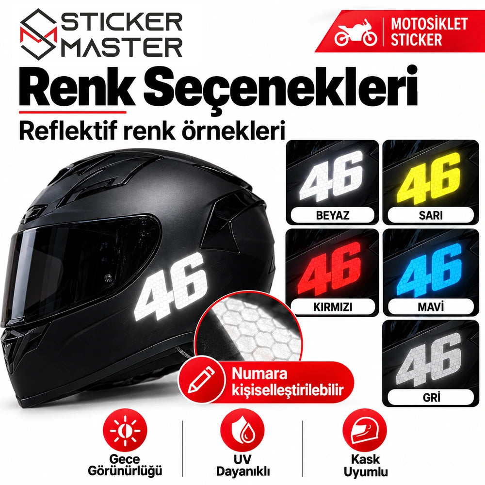 Kask reflektif yarış numarası sticker beyaz gri mavi kırmızı sarı seçenekleri
