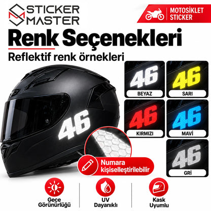 Kask reflektif yarış numarası sticker beyaz gri mavi kırmızı sarı seçenekleri