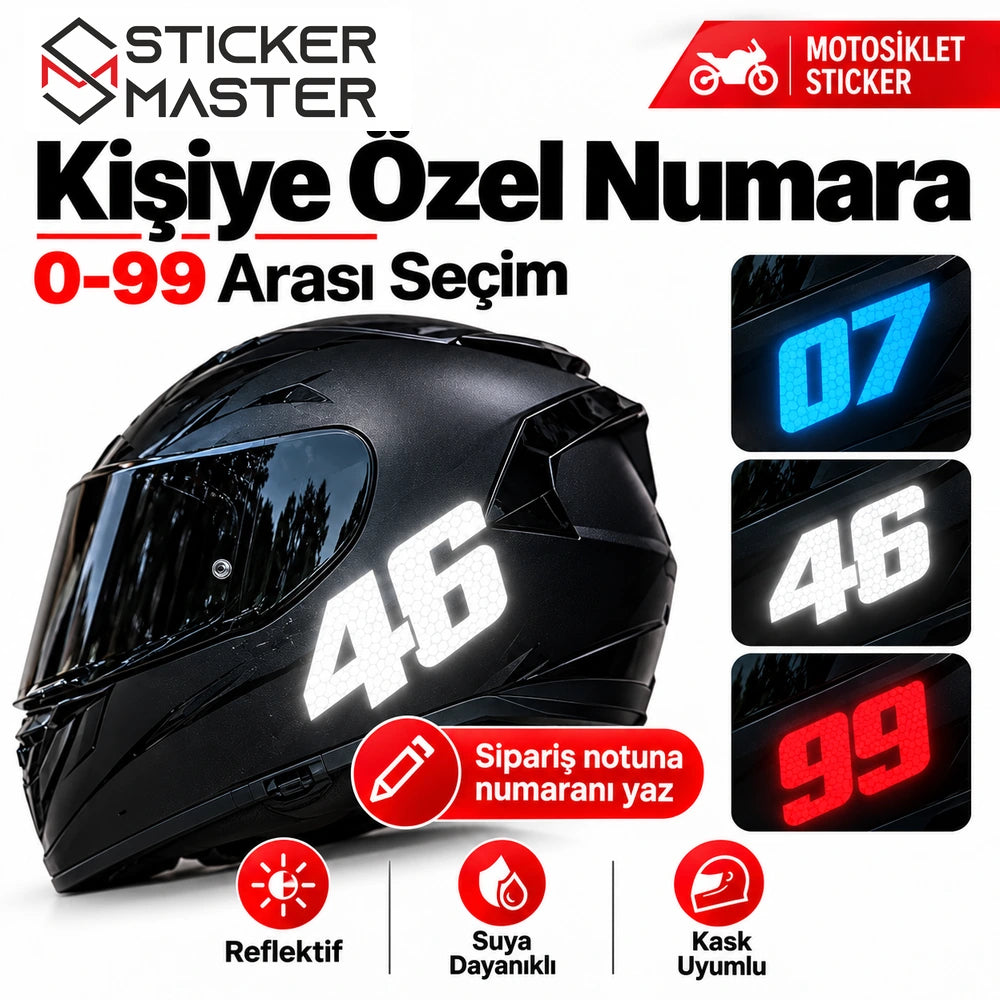Kask reflektif yarış numarası 0-99 kişiselleştirme numara seçimi görseli