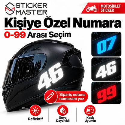 Kask reflektif yarış numarası 0-99 kişiselleştirme numara seçimi görseli