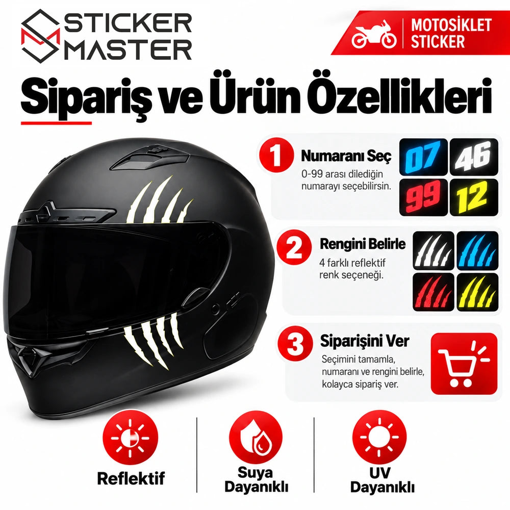 Reflektif kask numara sticker sipariş adımları numara ve renk seçimi